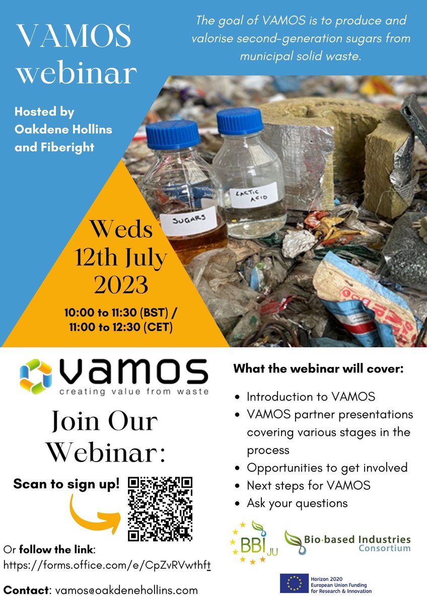 VAMOS (@vamos_bbi) on Twitter photo 💡Want to know more about how VAMOS produces and valorises second-generation sugars from municipal solid waste?♻️
Sign up to our #webinar!
When? Weds 12th July 10am (BST) / 11am (CEST)
How? Sign up here: forms.office.com/pages/response…
<a href="/CBE_JU/">Circular Bio-based Europe Joint Undertaking</a> #CBEimpact #bioeconomy 💡Want to know more about how VAMOS produces and valorises second-generation sugars from municipal solid waste?♻️
Sign up to our #webinar!
When? Weds 12th July 10am (BST) / 11am (CEST)
How? Sign up here: forms.office.com/pages/response…
<a href="/CBE_JU/">Circular Bio-based Europe Joint Undertaking</a> #CBEimpact #bioeconomy