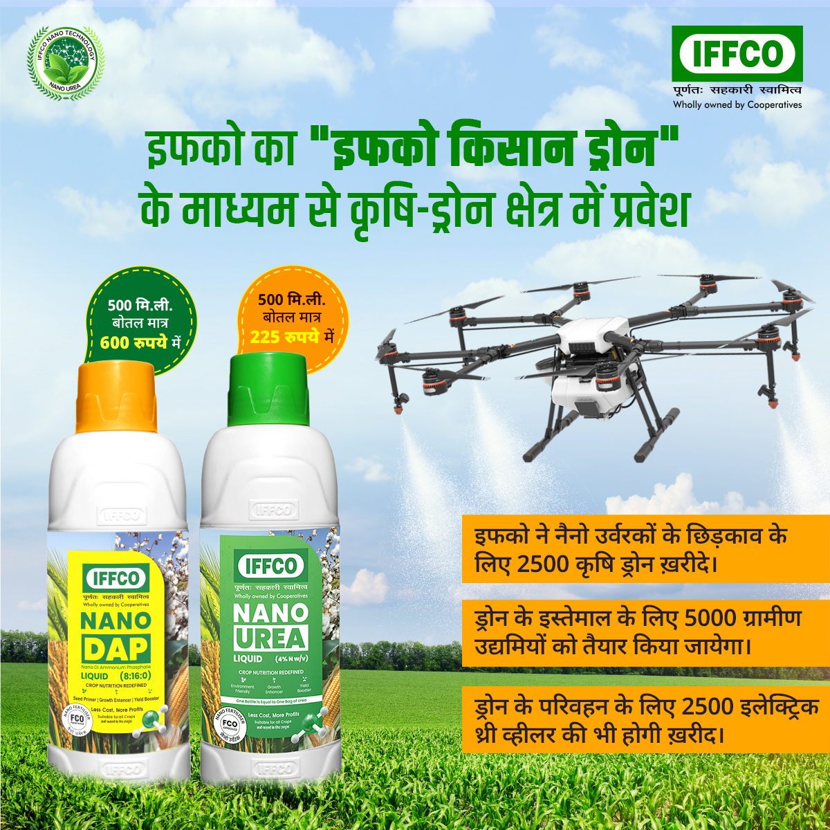 IFFCO_PR's tweet image. इफको ने #NanoUrea व #NanoDAP के छिड़काव के लिए 2500 #AgriDrones की ख़रीद की है। #IFFCOKisanDrone के तहत #Drones के इस्तेमाल के लिए 5000 ग्रामीण उद्यमी तैयार करने की भी योजना है। हमें विश्वास है कि #SahkarSeSamriddhi के सपने को पूरा करने में ये कदम एक मील का पत्थर साबित होंगे।