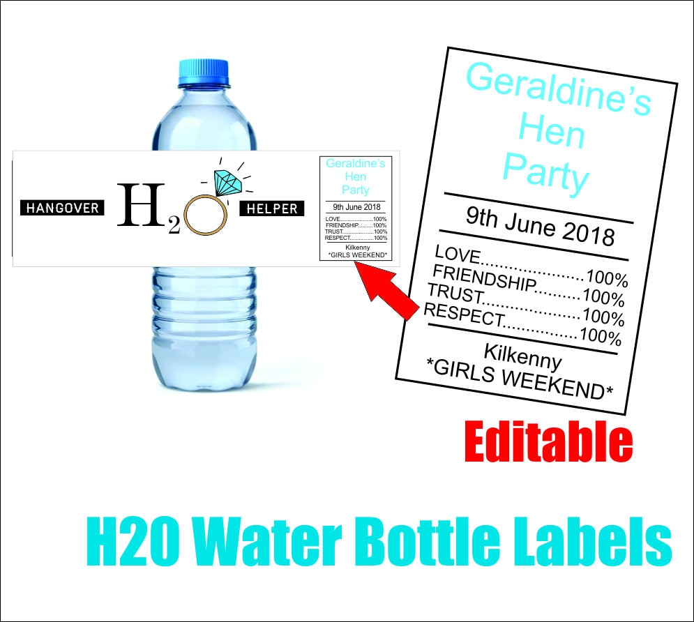 latest addition to my: H20 - Pdf Editable file - printable Hangover Helper- Bridal shower labels - water bottle sticker - hen bottle tag- Rescue &amp; survival kit etsy.me/3rd80UD #henparty #hendo #h20kit #waterbottlelabel #henbottle e: info@henandstagnights.ie