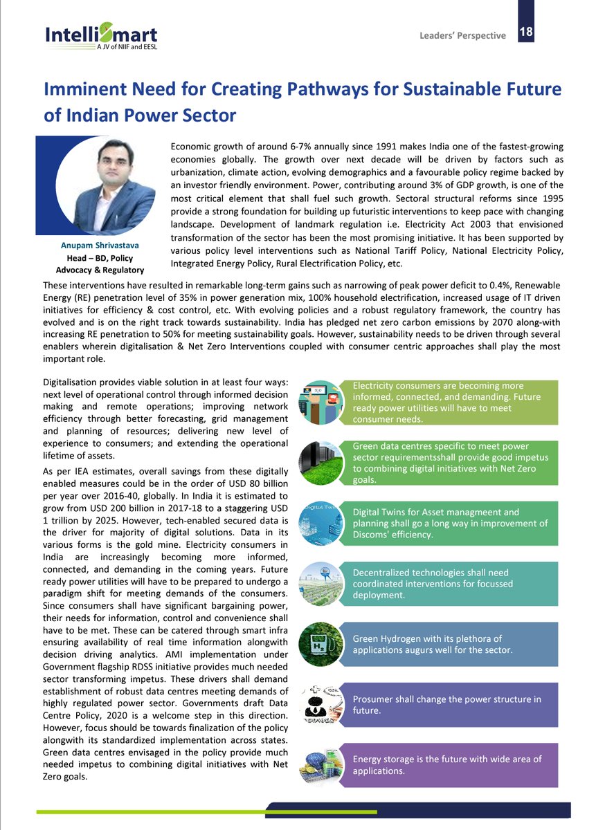 Intelli_Smart's tweet photo. In the leadership perspective section of the 2️⃣5️⃣th edition of #KXchange, the only #smartmetering newsletter in the power sector, Mr. Anupam Shrivastava, Head - Business Development, Policy Advocacy & Regulatory sharing his views on: 

- The need for electricity consumers to be informed 📶
- Green data centres 📈
- Decentralised technologies ⚡
- #Greenhydrogen and its applications 🍀
- #Energy storage and more 💡

Read the full perspective as Mr. Anupam emphasizes on digitalisation and #netzero interventions for India to achieve its #sustainability targets 🍃 - https://t.co/4nO4ATVCja
