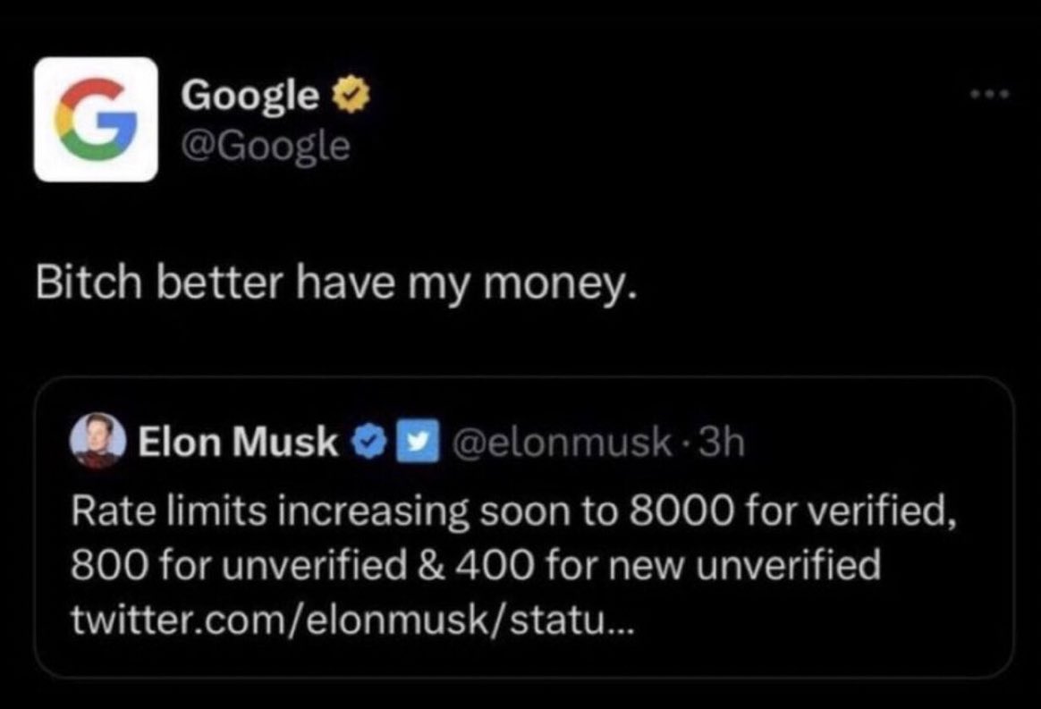 RightWingCope's tweet photo. Elon Musk failed to pay his Google cloud bill, Twitter had to be rate limited because of this, and Google just delisted Twitter from their entire search engine.

Now, Zuckerberg is launching a Twitter competitor 😂 https://t.co/RqQCSrODkN