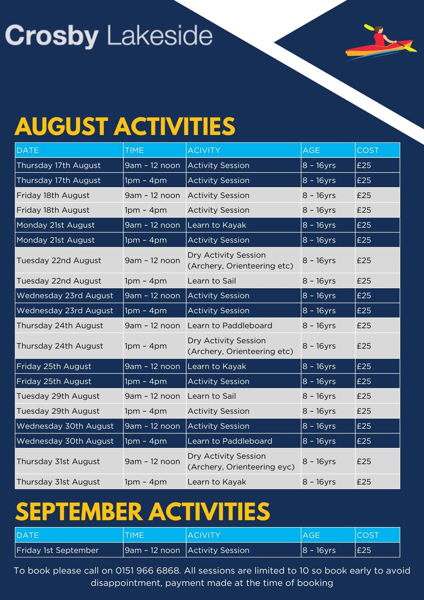 activesefton's tweet photo. Are you looking for activities for young people this summer? 

Have you thought about Crosby Lakeside Adventure Centre 

🗺️The Esplanade, off Cambridge Rd, Waterloo, Merseyside L22 1RR.  Tel: 0151 966 6868

https://t.co/C9aN7ZOiAt https://t.co/mDIkL5X8vj
