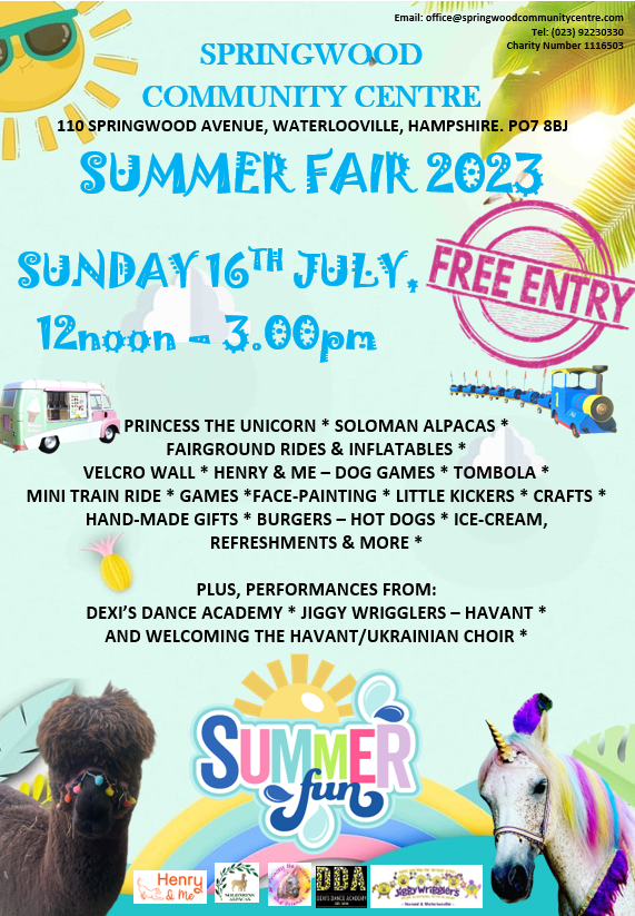 Springwood_CC's tweet image. Join us on Sunday 16th July for heaps of fun at the fair. #unicorns #alpacas #summerfair #waterlooville