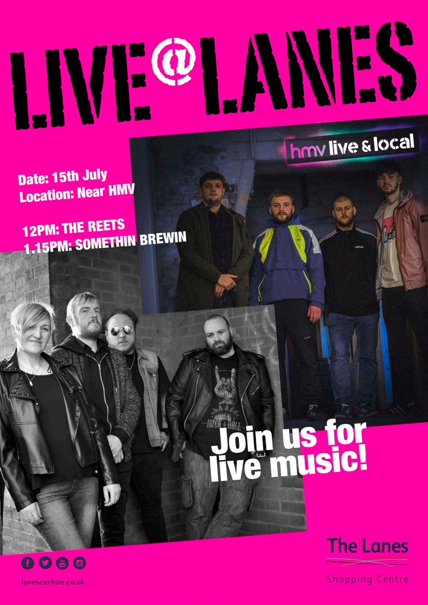 hmv Carlisle (@hmvcarlisle) on Twitter photo We've a fantastic #hmvliveandlocal event coming up on Saturday, 15th of July. Local bands #SomethinBrewin and @The_Reets will be performing live on a special stage graciously organised by <a href="/TheLanesSC/">The Lanes Shopping</a>. So if you're a fan of live #Rock and #indie music, this is the event for you! We've a fantastic #hmvliveandlocal event coming up on Saturday, 15th of July. Local bands #SomethinBrewin and @The_Reets will be performing live on a special stage graciously organised by <a href="/TheLanesSC/">The Lanes Shopping</a>. So if you're a fan of live #Rock and #indie music, this is the event for you!