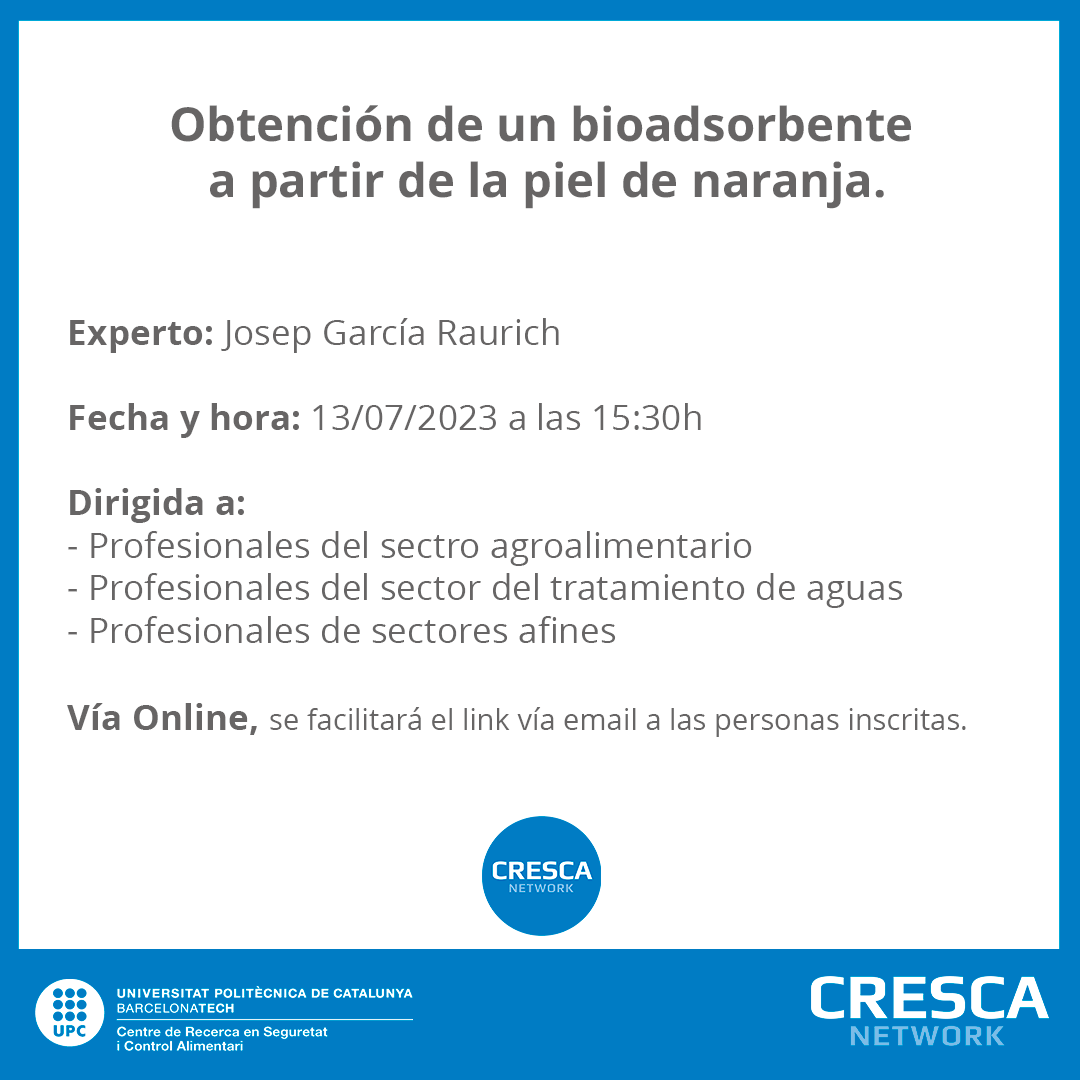 cresca_net's tweet photo. En esta CRESCA Talk veremos cómo la piel de naranja es un recurso valioso y sostenible para el reaprovechamiento de residuos agroalimentarios y así cuidar el medioambiente.

Ponente: Josep Garcia
Fecha y hora: 13/07/2023 a las 15:30h

Inscripciones: https://t.co/kTIgqn8YPF https://t.co/cjGBU2tq1J