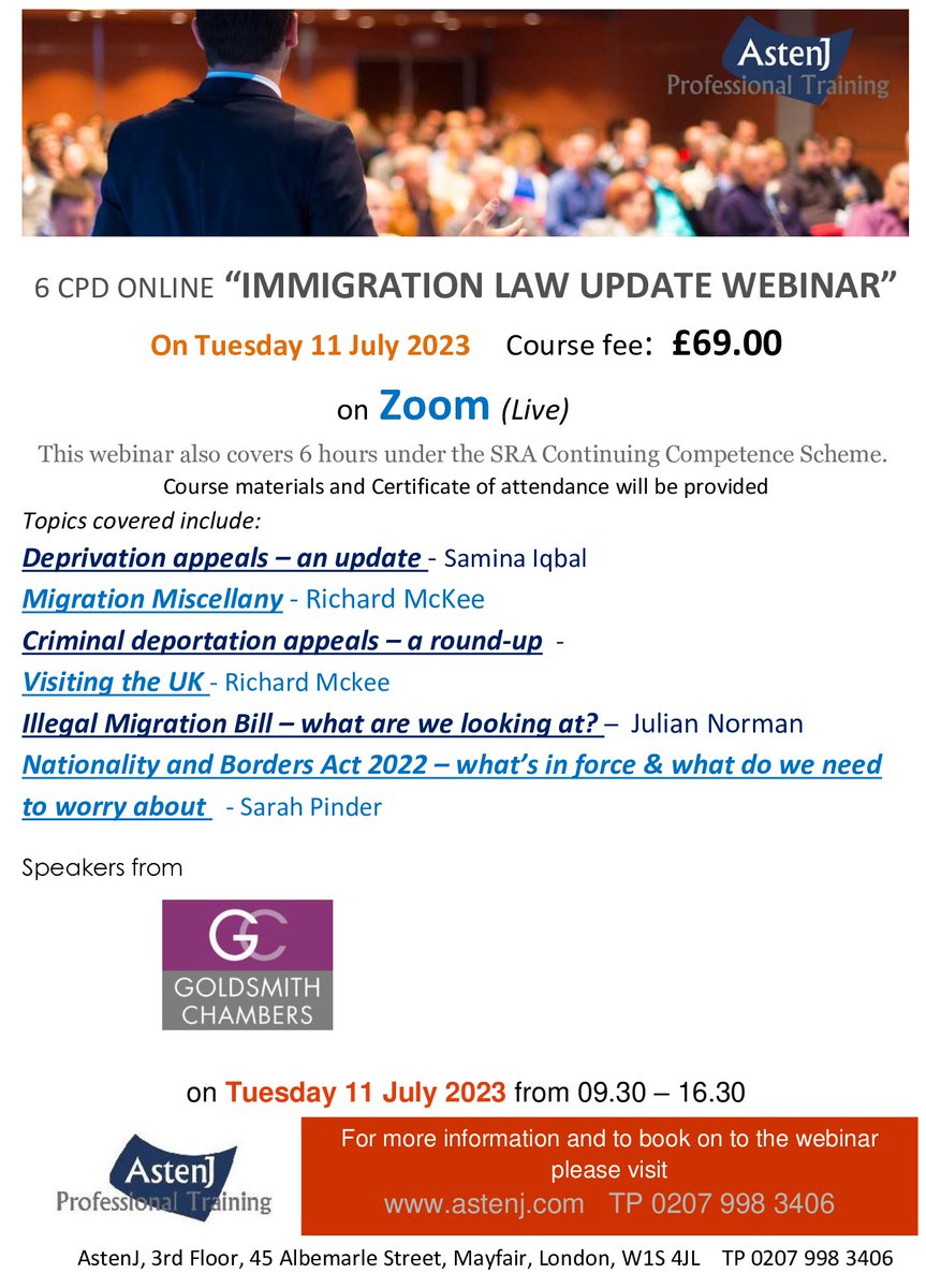 6 CPD online live “Immigration Law Update Webinar” on Zoom on 11 July 2023 from 09.30 -16.30. For more information and book on to this webinar, please click: lnkd.in/ePGuukUd