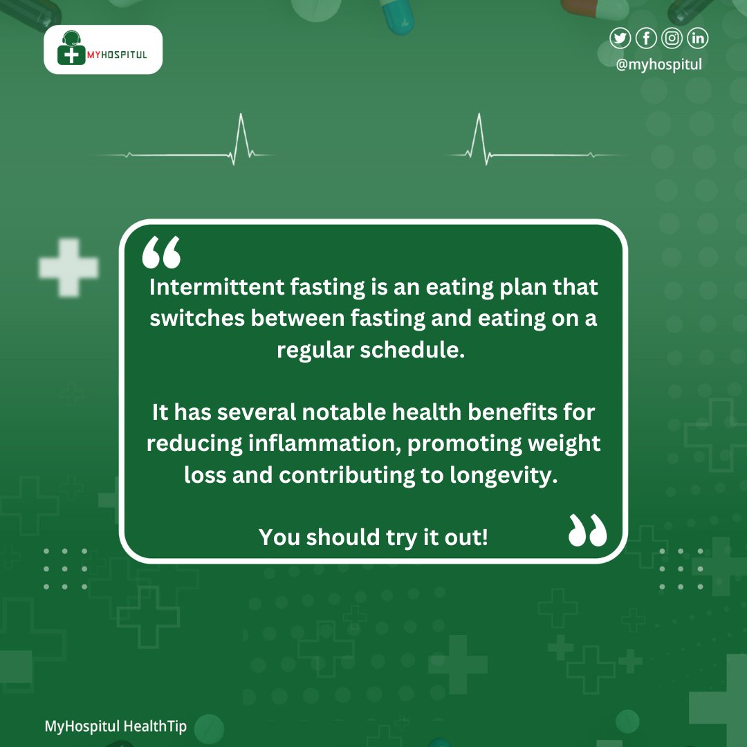 MyHospitul's tweet photo. Intermittent fasting is an eating plan that switches between fasting and eating on a regular schedule. 

It has several notable health benefits for reducing inflammation, promoting weight loss and contributing to longevity. 

You should try it out!

#myhospitul #health #fasting https://t.co/zk8m1krpbs