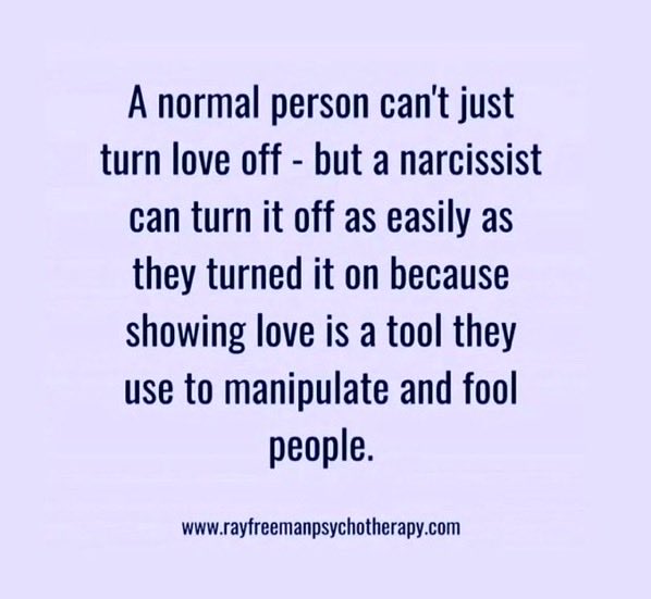 AwareOfTheNarc's tweet image. Narcissists do not love people. They love what people can provide for them. This is not love. It’s transactional. They take what they can get and when there’s nothing left they move on.