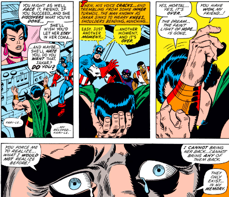 MarvelADay's tweet photo. #MarvelADay #Cap150 Cap makes Jakar realize that his wife and other denizens of Jakar's world are not actually empty husks, but rather they are in comas and definitely aware of what's going on around them. - VA https://t.co/AqnOWNH56Z