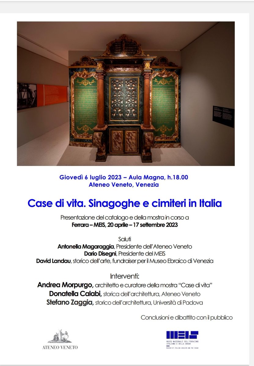 museoebraicove's tweet image. 6 luglio aula magna Ateneo Veneto ore 18 presentazione del catalogo Case di Vita, sinagoghe e cimiteri in Italia, la mostra in corso al @meis_museum fino al 17 settembre. Sarà presente il presidente del #meis Dario Disegni