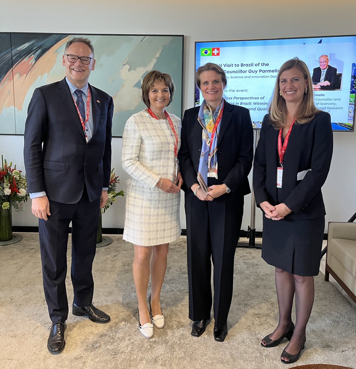 swissnexBrazil's tweet photo. To succeed in Brazil, the right people are key. An insight @novartis, #Nutrix, GRZ technologies, and @zrh_airport can agree on. Our State Secretary, Martina Hirayama, joined @SGE Chairwoman Ruth Metzler for a discussion on the business perspectives of Swiss Companies in Brazil. https://t.co/yR5x84IsBj