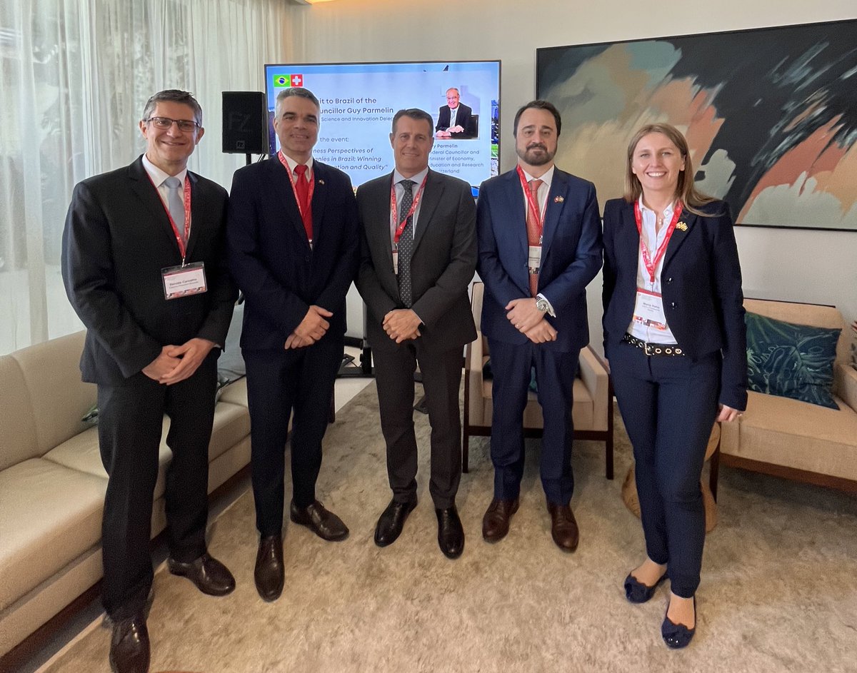 swissnexBrazil's tweet photo. To succeed in Brazil, the right people are key. An insight @novartis, #Nutrix, GRZ technologies, and @zrh_airport can agree on. Our State Secretary, Martina Hirayama, joined @SGE Chairwoman Ruth Metzler for a discussion on the business perspectives of Swiss Companies in Brazil. https://t.co/yR5x84IsBj