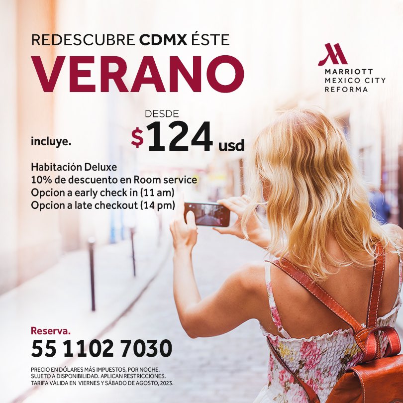 Marriott_CDMX's tweet photo. Explora nuevas sensaciones hospedándote en Marriott Reforma Mexico City este verano. ☀️

No te faltará nada gracias a la extraordinaria calidez del servicio, gastronomía increíble y sofisticación de sus espacios desde la avenida más icónica de la Ciudad. https://t.co/2pHsH6qZEq