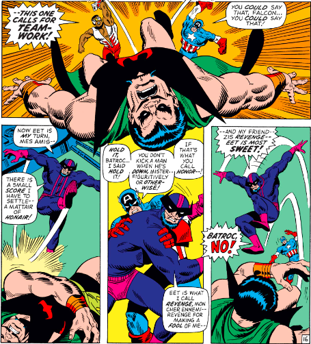 MarvelADay's tweet photo. #MarvelADay #Cap150 Yes! It's the patented double Sal Buscema Punch! And Batroc goes for the finishing blow. Not to worry, Cap does manage to stop him from doing any further damage... - VA https://t.co/XmOVawkU3w