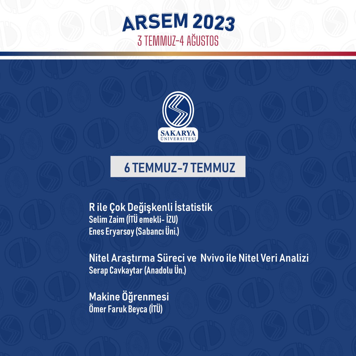 Anadolu_Univ's tweet photo. Sakarya Üniversitesi, Anadolu Üniversitesi ve İstanbul Teknik Üniversitesi iş birliğiyle 3 Temmuz – 4 Ağustos 2023 tarihleri arasında düzenlenecek olan, ARSEM 2023-Yaz seminerleri hakkında detaylı bilgi için https://t.co/M2v18X9bBX
#AnadoluÜniversitesi #ARSEM https://t.co/IIoGaYLThF