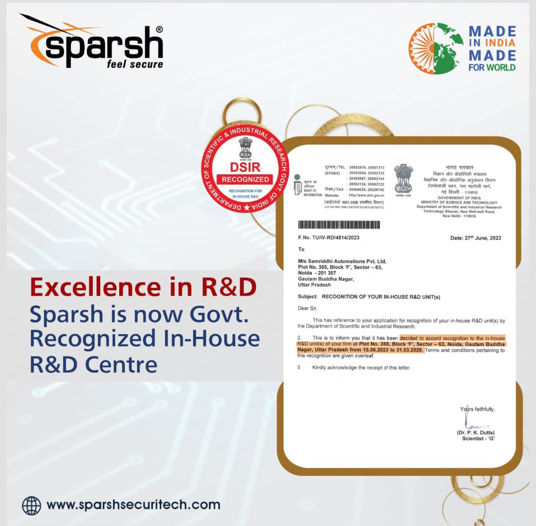 Sparsh_cctv's tweet photo. A Sincere thanks to Ministry of Science and Technology, Govt. of India for according prestigious Recognition to #SparshCCTV. This validation of our hard work, dedication, and unwavering pursuit of excellence. #govtcertification #ministryofscienceandtechnology #randdrecoganized https://t.co/jQORQysdlR