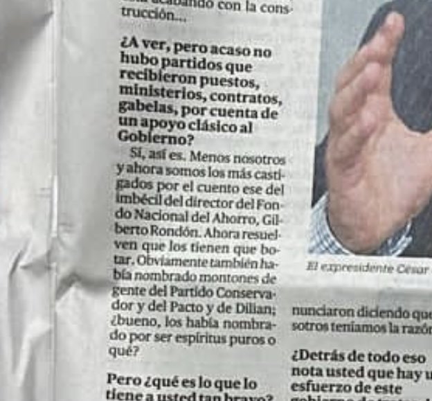 PaoHerreraC's tweet photo. En esta entrevista con @ELTIEMPO Cesar Gaviria está bravísimo porque le quitaron la mermelada y además llama imbécil al expresidente del Fondo Nacional del Ahorro, Gilberto Rondón, porque se dejó pillar. Y eso que era su amigo y le ayudó 
Qué horror estos políticos nuestros https://t.co/z3O3p3mlbh