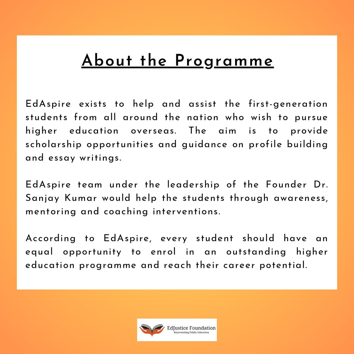 EdJusticeIndia's tweet photo. Have you applied for the EdAspire 2.0 program? Apply now and get that offer letter from your dream university 🧑🏽‍🎓

Apply Now!!!

https://t.co/ryv0LY8HUz

#studyabroad #applications #oxford #harvard #soas #sussex #uk #usa https://t.co/1fwMdrJH9z