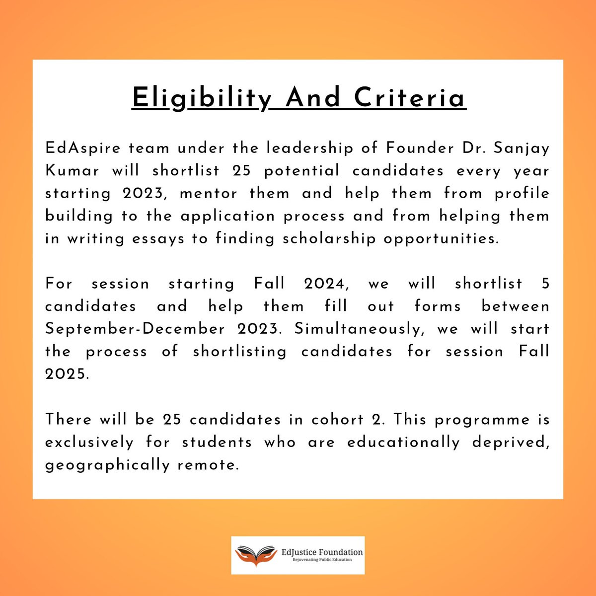 EdJusticeIndia's tweet photo. Have you applied for the EdAspire 2.0 program? Apply now and get that offer letter from your dream university 🧑🏽‍🎓

Apply Now!!!

https://t.co/ryv0LY8HUz

#studyabroad #applications #oxford #harvard #soas #sussex #uk #usa https://t.co/1fwMdrJH9z