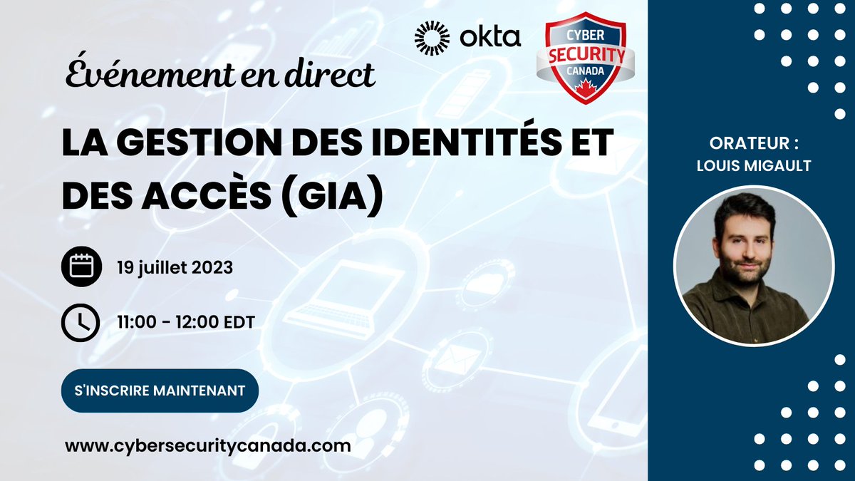 ManagedCISO's tweet image. Save the date! Join us for the French version of Secure Authentication on July 19 at 11 AM EST, as we dive deep into the world of secure authentication. 📅

Register today! lnkd.in/gU4-Ug9F

#Webinar #SecureAuthentication #Cybersecurity #Okta