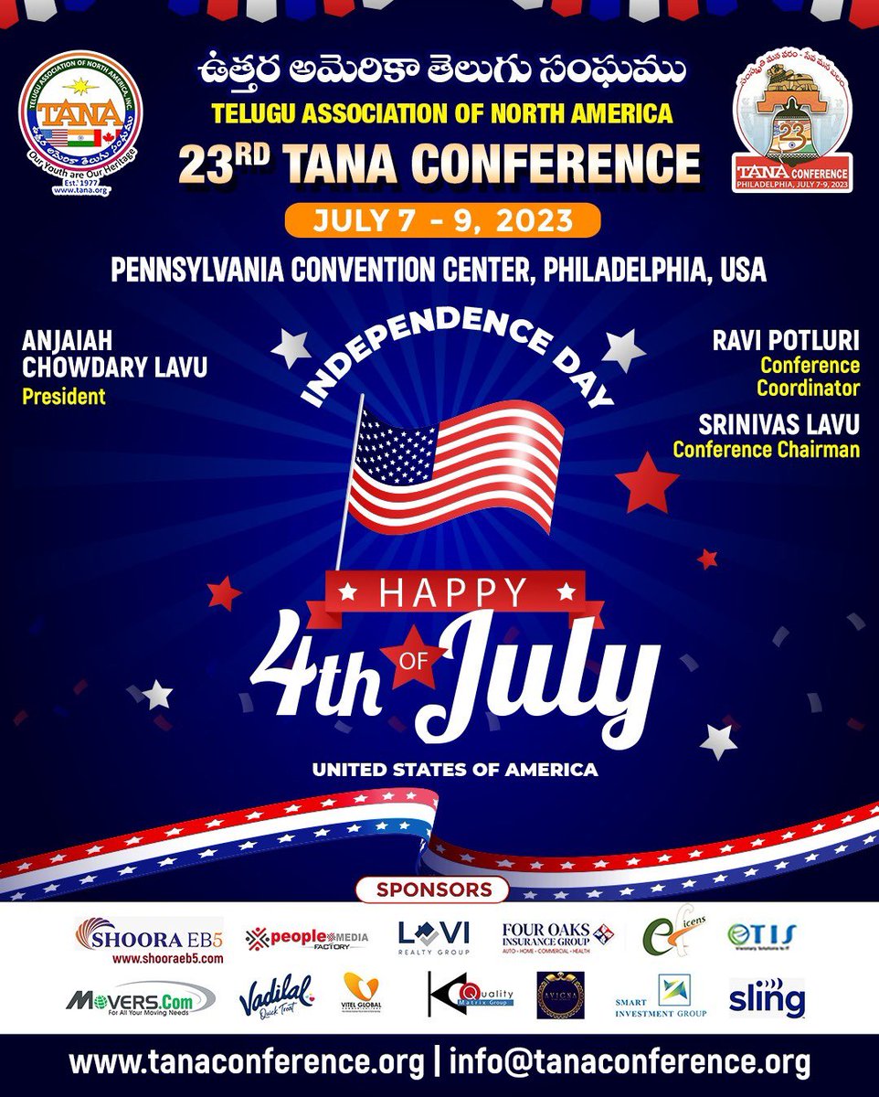 23rdTANAConf's tweet photo. Wishing a joyous American Independence Day to all our Telugu community in North America!

As we honor the birth of this great nation, let us also celebrate the contributions and achievements of our Telugu heritage. Happy 4th of July! https://t.co/MPurHcfAAC