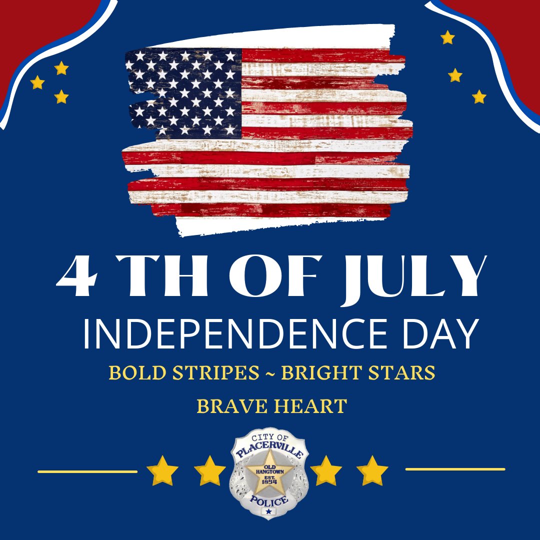 placervillepd's tweet image. ~Happy 4th of July~

We hope you will be celebrating responsibly with your friends and family. Stay safe. Stay cool. 

All fireworks are illegal in El Dorado County. Report all fireworks activity in the city limits to 530-642-5280. 

#CelebrateResponsibly 
#DUIDoesntJustMeanBooze