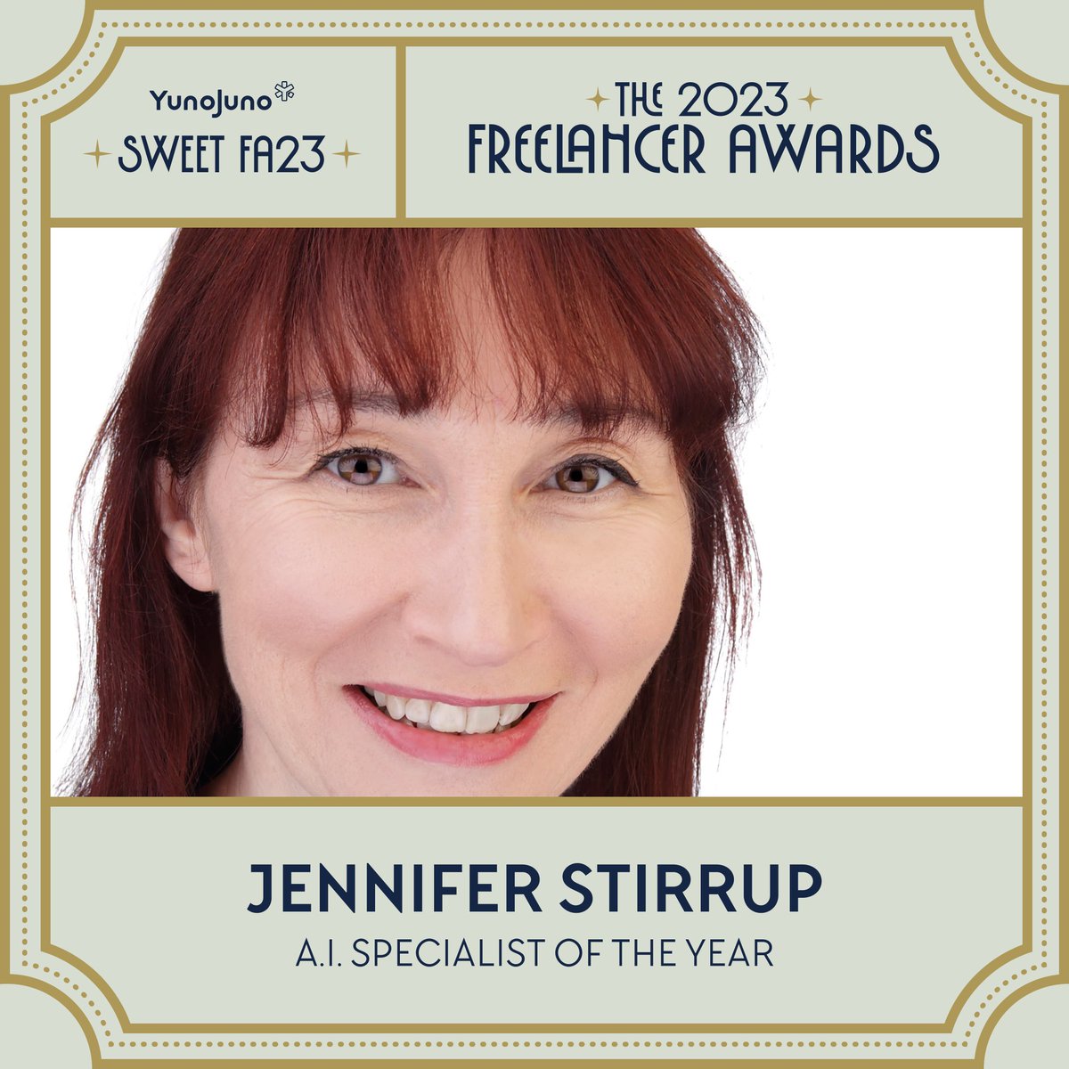 The 2023 YunoJuno Freelancer Awards - A.I. Specialist of the Year. Congratulations Jennifer Stirrup!⁠
⁠
#thefreelancerawards #sweetfa23 #freelancing #freelancers #thefutureofwork