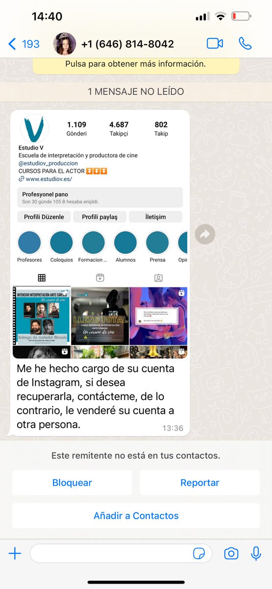 EstudioV_madrid's tweet photo. ¡NOS HAN ROBADO LA CUENTA DE INSTAGRAM DE LA EMPRESA! El domingo 2 de julio alguien nos secuestró la cuenta de empresa de Instagram y nos mandó un WhatsApp amenazándonos.  Hemos escrito cientos de mensajes a @Meta @instagram y nadie nos contesta, no hay forma de contactar https://t.co/3TAaWhXRCt