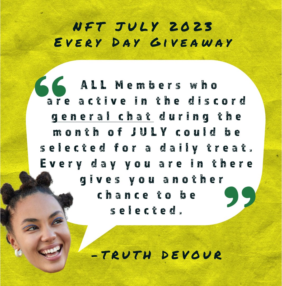 TruthDevour_'s tweet photo. Spread the word: We are celebrating #JULY with an everyday #NFTGiveaway. 

Members who post in the general chat of the Truth Devour Multiverse have a chance daily to win and #Nft 

Artists supporting Artists

#NFTCommmunity #truthdevour #NFTs 

Join Now: https://t.co/1Bg0HEwiW4 https://t.co/vPBy3ZqR7x
