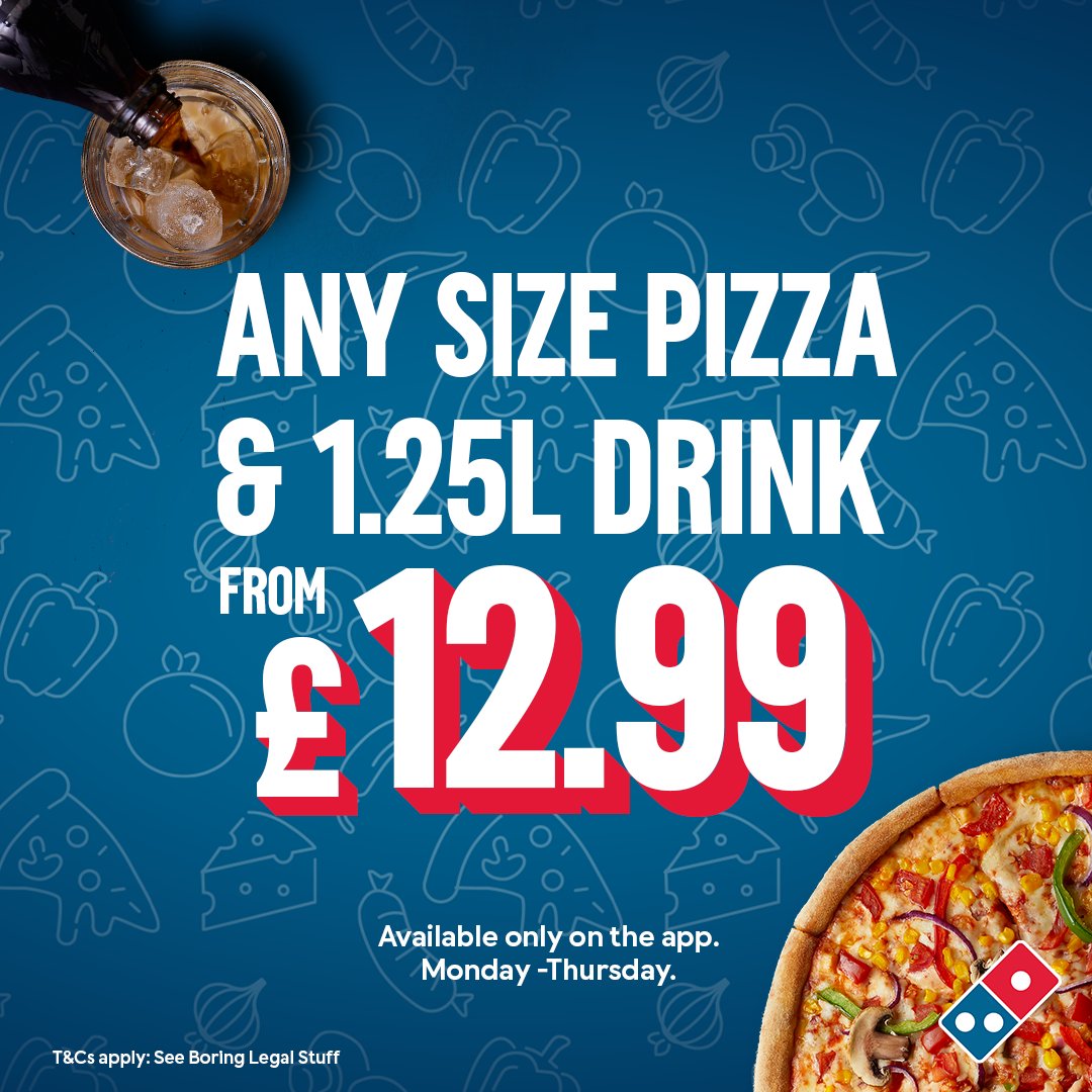 #AD The Domino's app is where it’s at 📲😎 With our app exclusive offer – grab any size pizza and 1.25L drink for £12.99. Tasty is just a tap away 🍕😋 T&Cs apply. Available Monday-Thursday, only on the app. Minimum delivery spend applies.