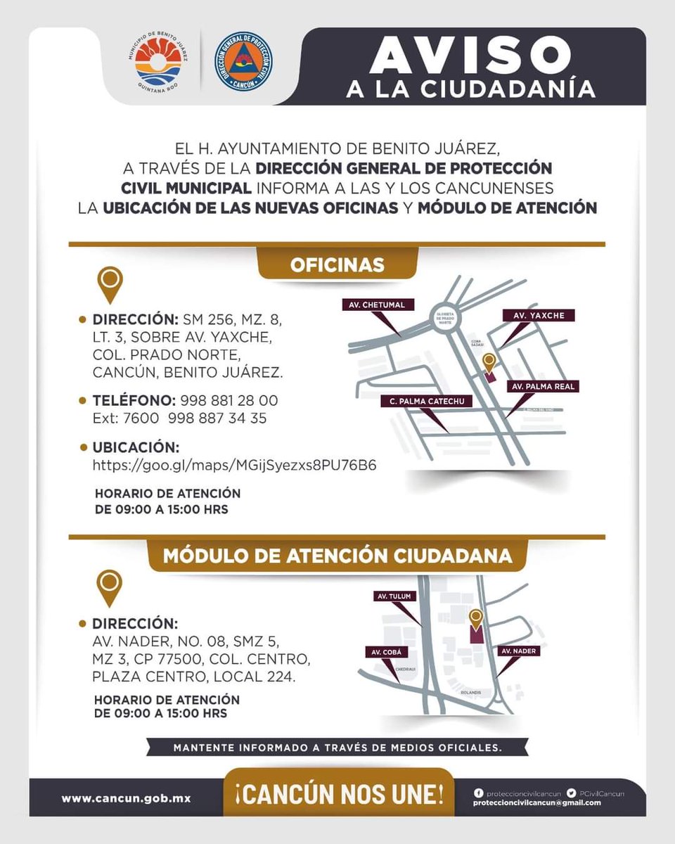 PCivilCancun's tweet photo. 🚨 AVISO ESPECIAL

Se informa a las y los cancunenses qué la Dirección General de Protección Civil Cancún cambia de ubicación. 
    ● A partir del "03 de Julio 2023".

Te invitamos a continuar tus trámites y Servicios en las oficinas:
📍Ubicación:
https://t.co/kNBlGpxlGU
1/2 https://t.co/hZdiECs2tm