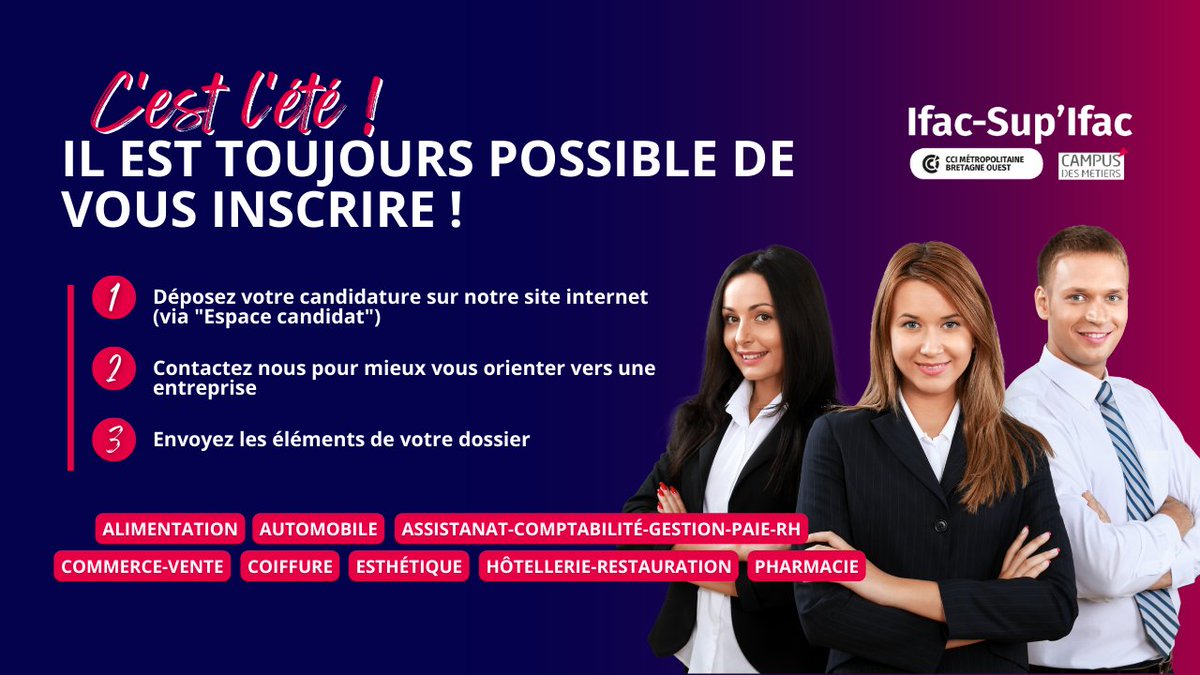 C'est l'été ! Nos équipes sont présentes en juillet et août pour réceptionner vos candidatures du lundi au vendredi. RDV sur ➡️ ifac-brest.fr, rubrique "espace candidat" pour commencer votre projet de #formation. 📅👍 #alternance #apprentissage