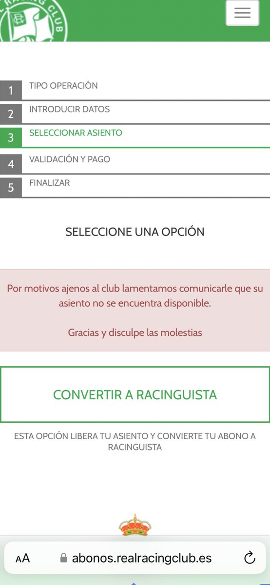 PabloGFisio's tweet photo. Llevo días intentando renovar mi carnet de socio y siempre me sale esto. Alguna solución @realracingclub ? https://t.co/BRT31YmhqN