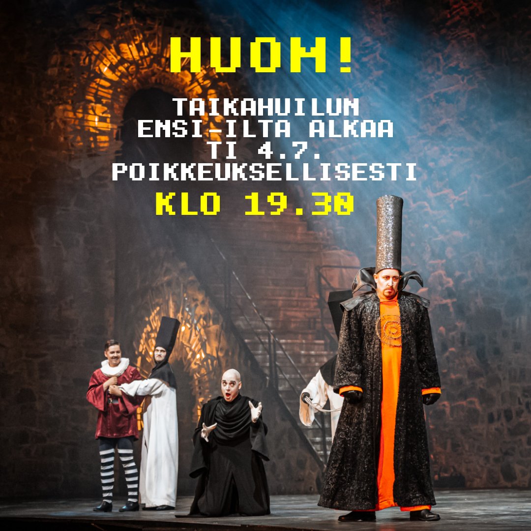 Huom! ⚠️ Savonlinnan  Oopperajuhlien Taikahuilun ensi-ilta alkaa tänään tiistaina 4.7.  poikkeuksellisesti klo 19.30 teknisistä syistä johtuen. Olavinlinna ja  väliaikapisteet aukeavat normaaliin tapaan klo 18.00 alkaen. Pahoittelut  esityksen viivästymisestä.