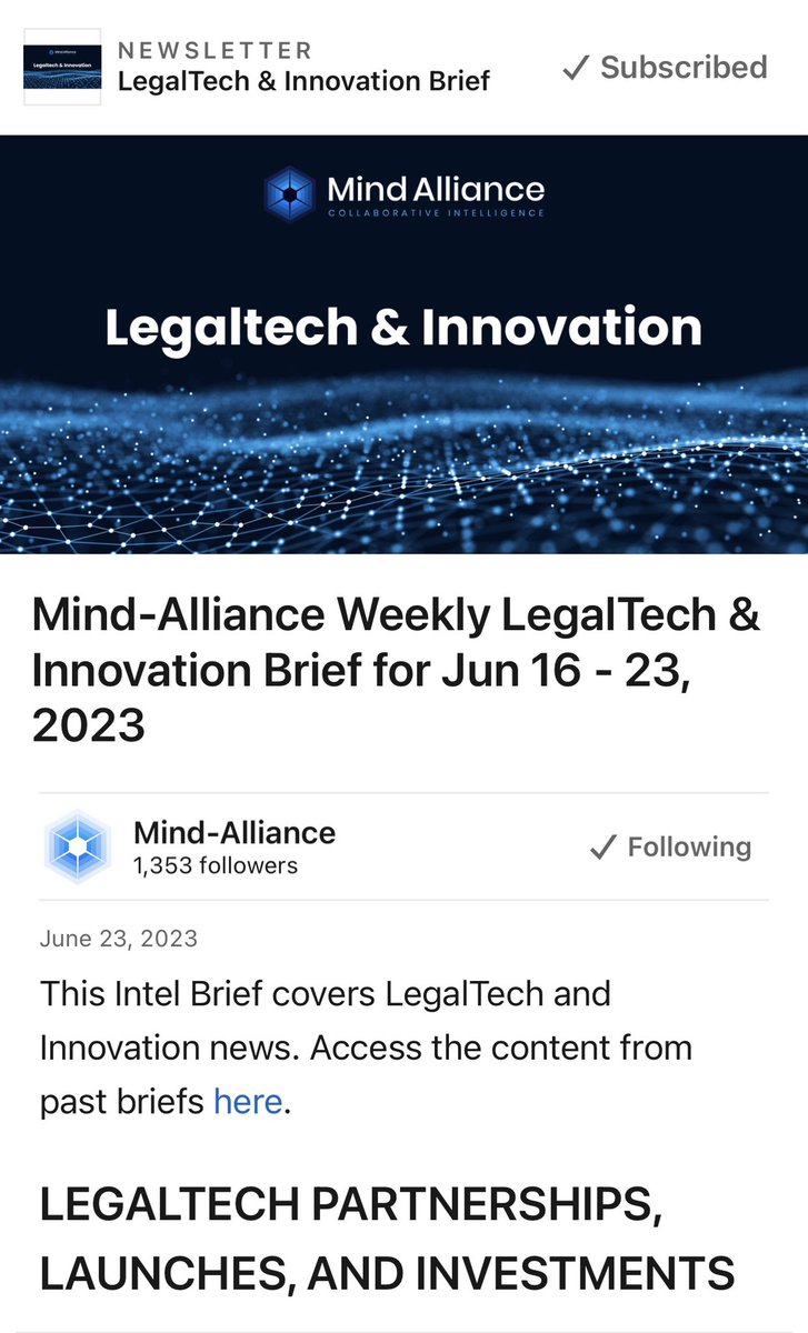 TenuniL's tweet photo. The week's Mind-Alliance LegalTech &amp; Innovation Brief has provided a wealth of insights. As we advance at Tenuni, the lessons from these reports are invaluable. We're driven to make legal processes more accessible. Innovation is not just a buzzword - it's a necessity.

#LegalTech https://t.co/u0SJtsCMuL
