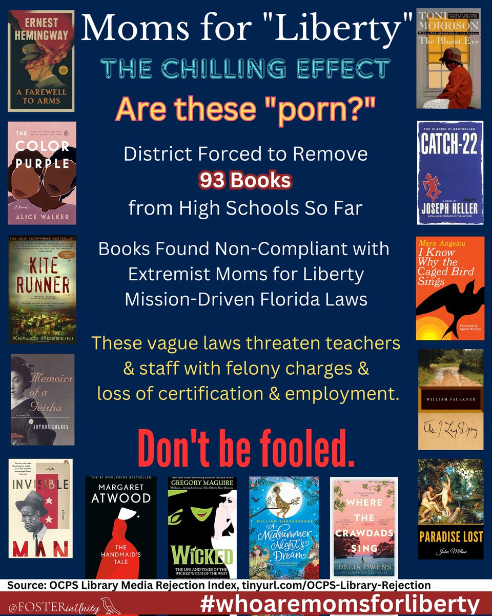 FOSTERinUnity's tweet image. Books that haven't even been formally challenged are being swept away by the Florida Laws driven by Moms for Liberty.

Recognize any? 

High schoolers deserve the right to access these well-loved books in public schools.

#MomsforLibertyLies 
It's not about "porn."

A thread. /1