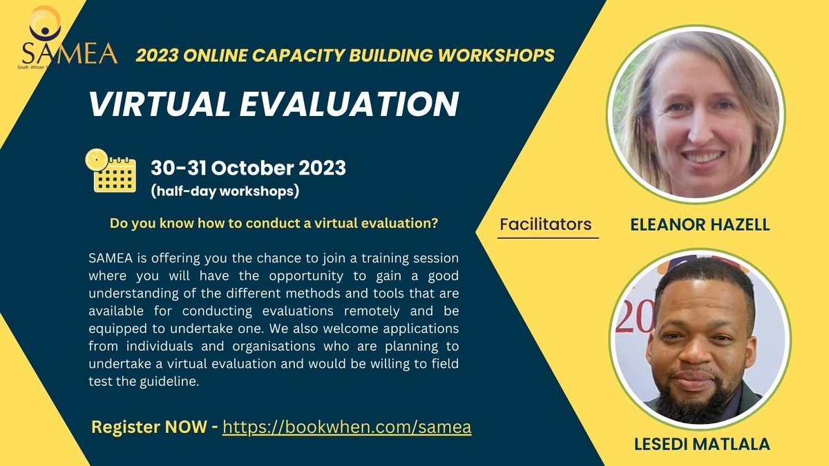 SAMEA_ZA's tweet photo. #SAMEAworkshops23 Looking to join a training session on virtual evaluation? Register here: https://t.co/1hjA59Ddjm
#virtualevaluations #capacitybuilding https://t.co/QelT5DK57g