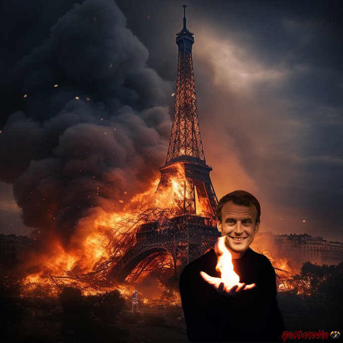 JimFergusonUK's tweet photo. Following the #WEF2030Agenda Mass migration as the tool to destroy the Nation State. Why does #Macron collaborate with German Klaus Schwab? The Loyalty of a Nations Leaders should be to their own people and not to Corporate Globalists. #FrenchRiots #Macron #FranceBurning #Sunak #TrudeauNationalDisgrace #GlobalResistance #Biden