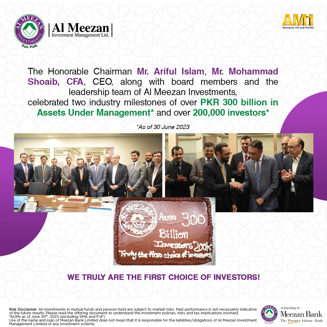 AlMeezanGroup's tweet photo. The Honorable Chairman Mr. Ariful Islam, Mr. Mohammad Shoaib, CFA, CEO, along with board members and the leadership team of Al Meezan Investments, celebrated two industry milestones of over PKR 300 billion in Assets Under Management and over 200,000 investors.
#BestAMC #AlMeezan #AlMeezanInvestment #ShariahCompliance #ShariahCompliantInvestments #GrowYourWealth #Halal