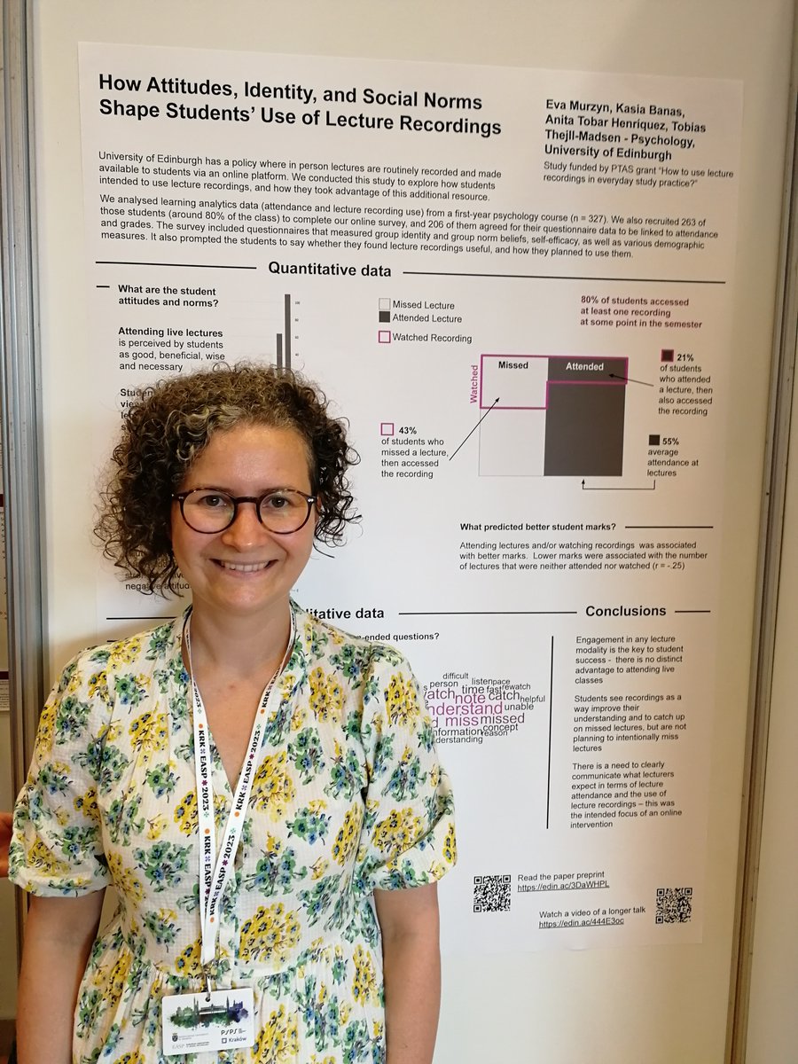 Thanks to everyone who came to see our poster about the social psychological approach to #lecturecapture at #easp2023krk! If you missed it, or want to know more, check out our preprint: edarxiv.org/uj7y4