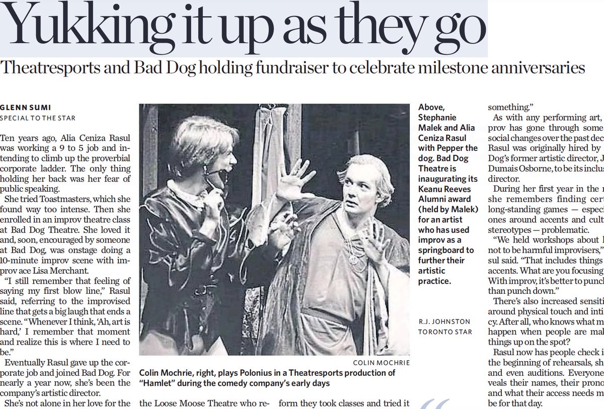 Nice to see my first comedy article in @StarEntertain be this piece on @BadDogTheatre and #Theatresports's big anniversaries. Great pic of @stephanie_malek & @aliarasul outside @comedybar. And the @colinmochrie improv Hamlet pic is *chef's kiss*