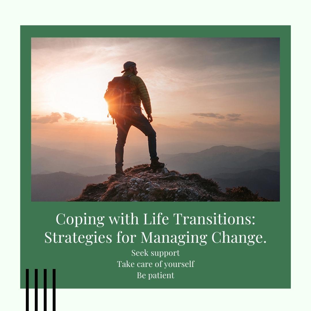 Coping with Life Transitions: Strategies for Managing Change.
Seek support
Take care of yourself
Be patient

#oneononecoaching  #lifecoaching #manifestationcoach #careertransitioncoach #mindfulnesscoach #leadershipcoaching #mindfulnessmeditation #careertransitioncoach