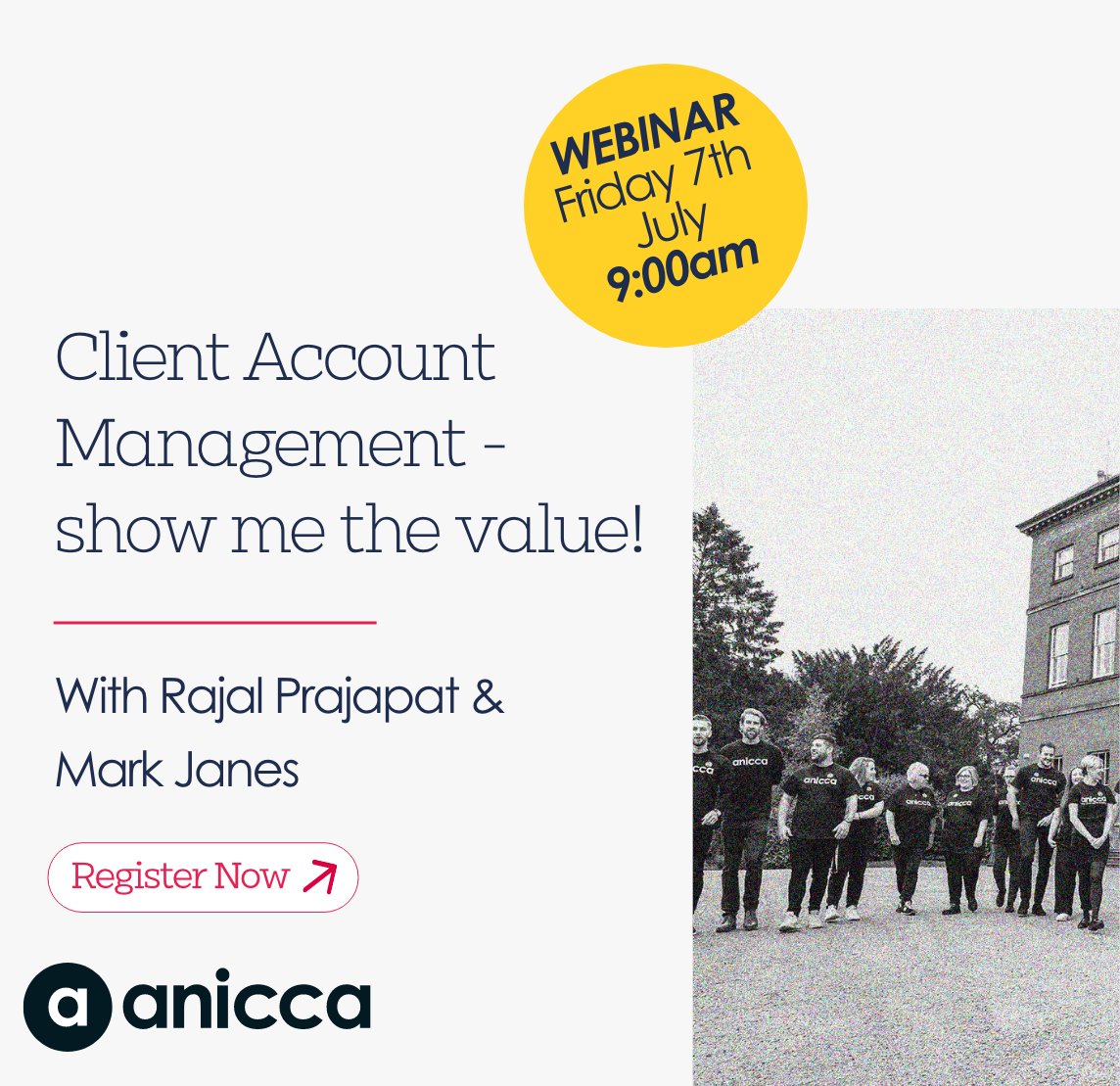 🚀 Sign-up for this Friday's webinar, link in bio!

😎 Rajal Prajapat and Mark Janes, Anicca’s two main client account managers (CAMs) take you through the role of the CAM.

👉 Sign up to learn more about this area, which involves much more than arranging meetings!