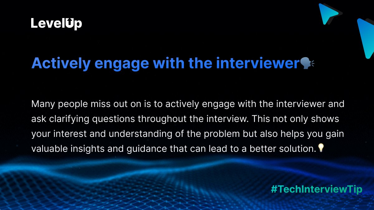 LevelUpIncHQ's tweet image. Looking to level up your career? 💼🚀
Don&apos;t miss out on this essential Tech Interview Tip.

#TechInterviewTip #ProblemSolvingSkills #AceTheInterview #LevelUpYourSkills #CareerSuccess #InterviewPreparation #CodingChallenges #TechInterviewPrep