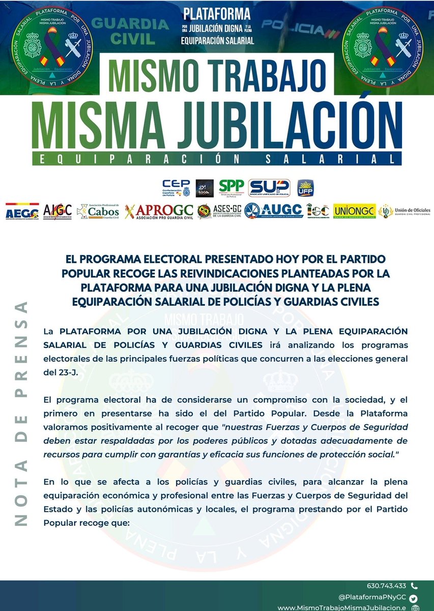 PlataformaPNyGC's tweet photo. 🧐El #ProgramaElectoral del @ppopular recoge las reivindicaciones de la @PlataformaPNyGC 
✅️#JubilacionDignaGCyPN 
✅️#ProfesiónDeRiesgo
✅️#PlenaEquipaciónSalarial
☝️Tenemos el #MismoTrabajo, merecemos el mismo trato, merecemos la #MismaJubilación https://t.co/RouO9HjXkM