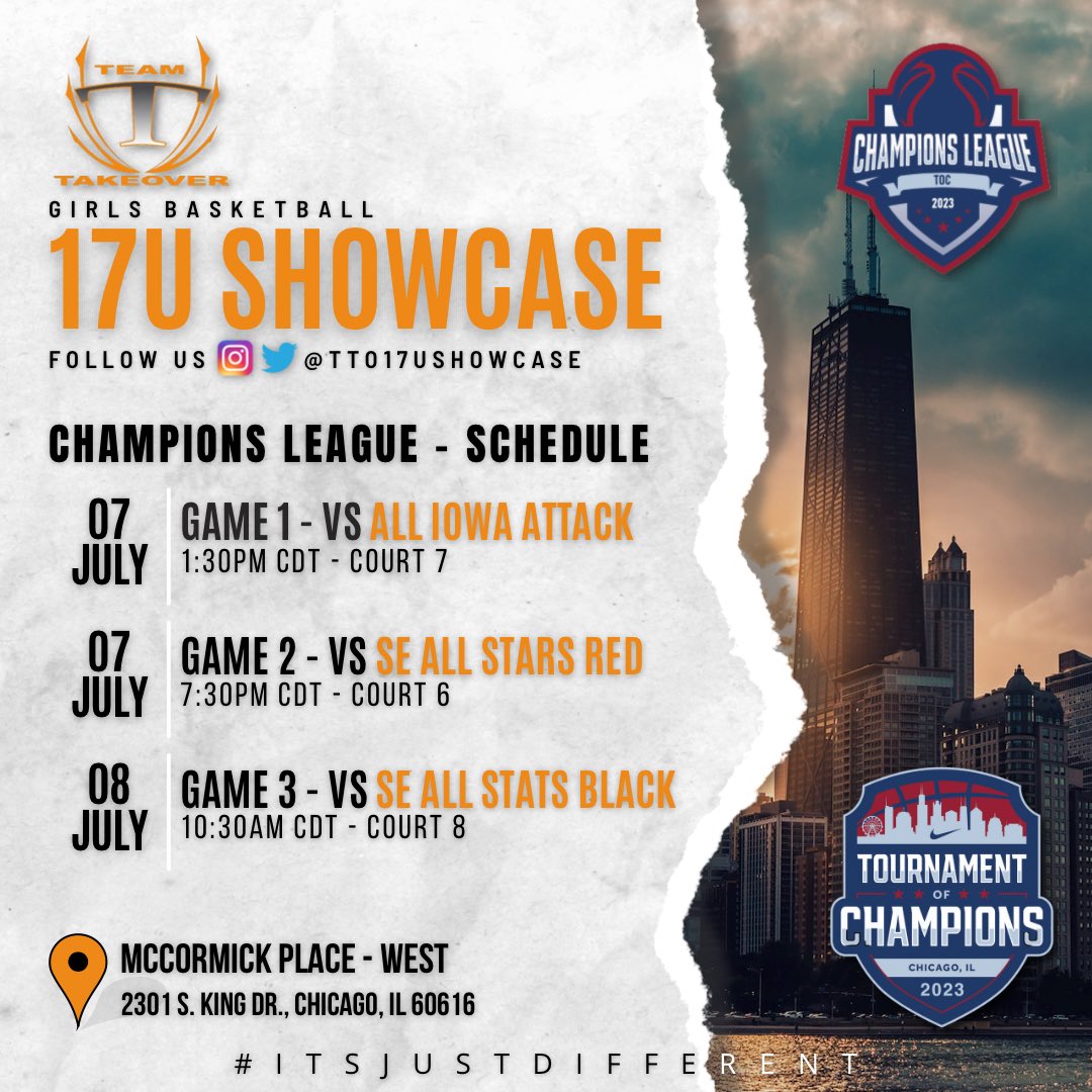 Nike TOC - Champions League Finals Schedule!  See you in Chicago!! ✈️<a href="/TeamTakeoverGBB/">TeamTakeoverGirlsBB</a> @bbchamps_league <a href="/niketoc/">Nike Tournament of Champions</a>