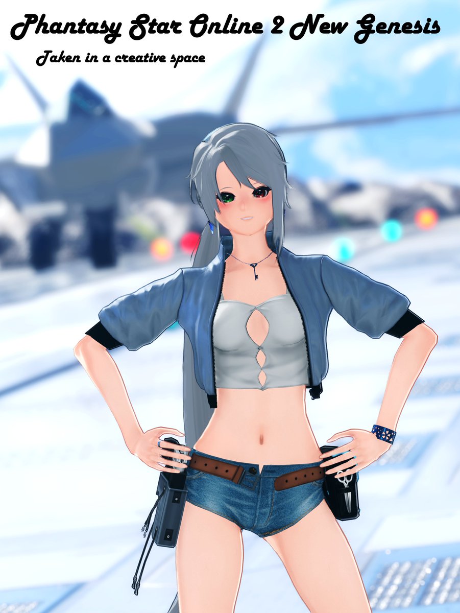 Mpi_Toivonen's tweet photo. #PSO2NGS #PSO2NGS_SS 
#メンテの日なのでSS貼る 
#メンテの日なのでssを貼る 
今回は珍しく縦構図1枚で…！ しかも文字あり！

空軍基地風のクリエイティブスペースをバックに
ミリタリーテイストな夏服で(*‘ω‘ *)

今回のスクラッチ品のジャケットがちょうどよかった～ https://t.co/iLZCDV6XwG