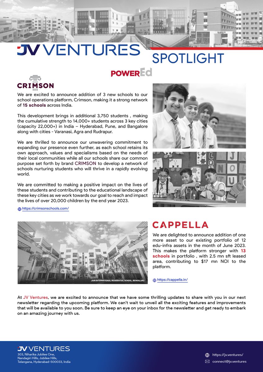 jv_ventures's tweet photo. This month, the spotlight at JV Ventures is on Power'Ed, an Eduventure platform.
Cappella is our Edu #infra business, wherein we have added 1 new school to our portfolio. Additionally, for our school management venture, Crimson, we had an addition of 3 new schools. https://t.co/OolrOJox6y