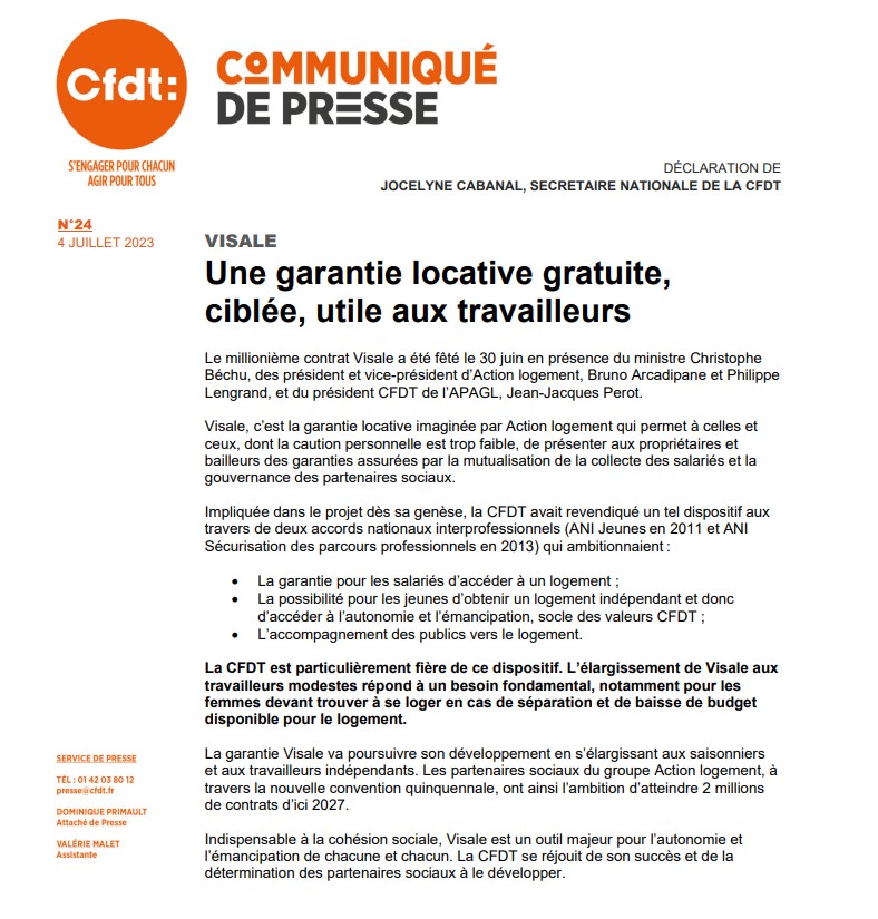 CFDT's tweet photo. || COMMUNIQUÉ DE PRESSE || #Visale - Une garantie locative gratuite, ciblée, utile aux travailleurs. La CFDT est particulièrement fière de ce dispositif. Son élargissement aux travailleurs modestes répond à un besoin fondamental. https://t.co/ewPqoCJF4A #logement @ActionLogement https://t.co/STQX93YN2S