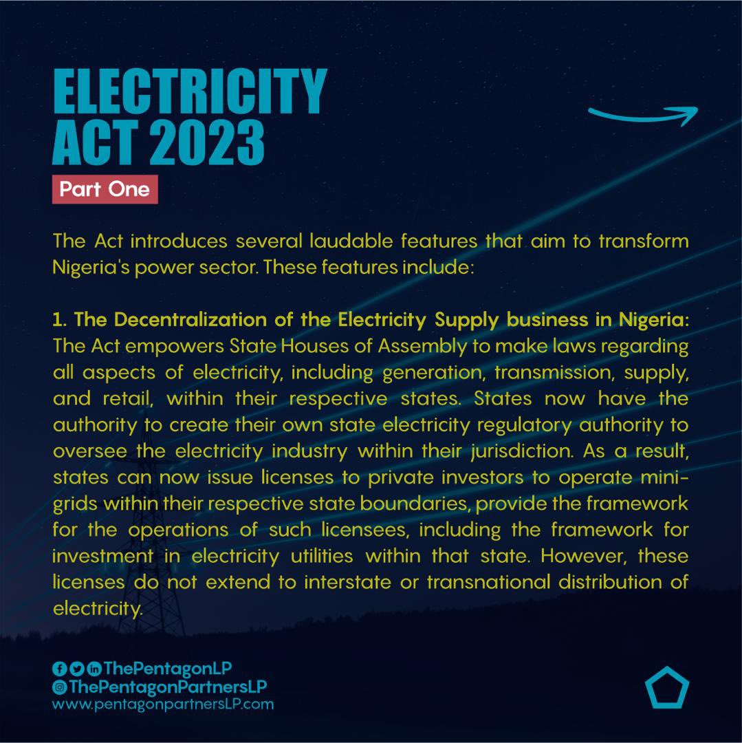 ThePentagonLP's tweet photo. The Electricity Act 2023 came into force in Nigeria on 09 June 2023, replacing the Electric Power Sector Reform Act (EPSRA) 2005 that was inforce for 18 years. 

We have highlighted some of the notable reforms made by the Electricity Act 2023, and we hope you find this insightful https://t.co/12Xde6VcO0